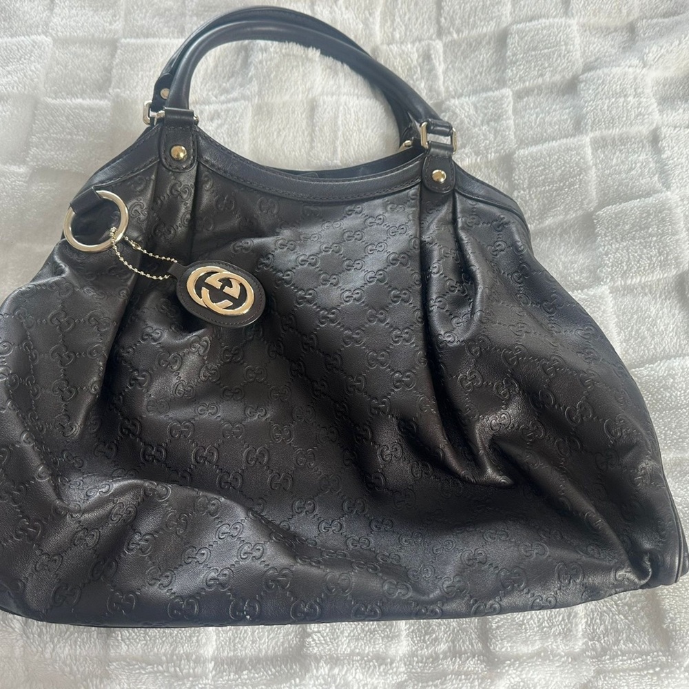 Gucci Black Embossed Leather Tote Bag